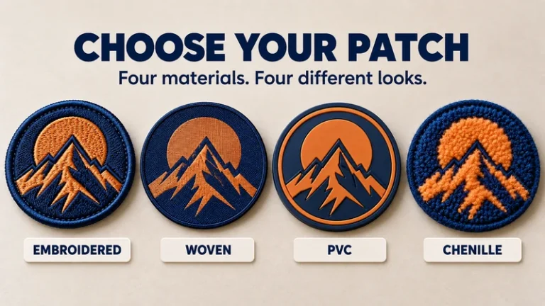 Four mountain emblem patches in embroidered woven PVC and chenille styles