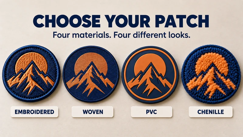 Four mountain emblem patches in embroidered woven PVC and chenille styles