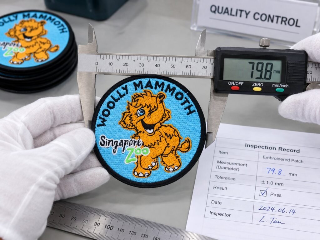Embroidered patch measured for width, height and border tolerance during quality control at LOVECOLOUR