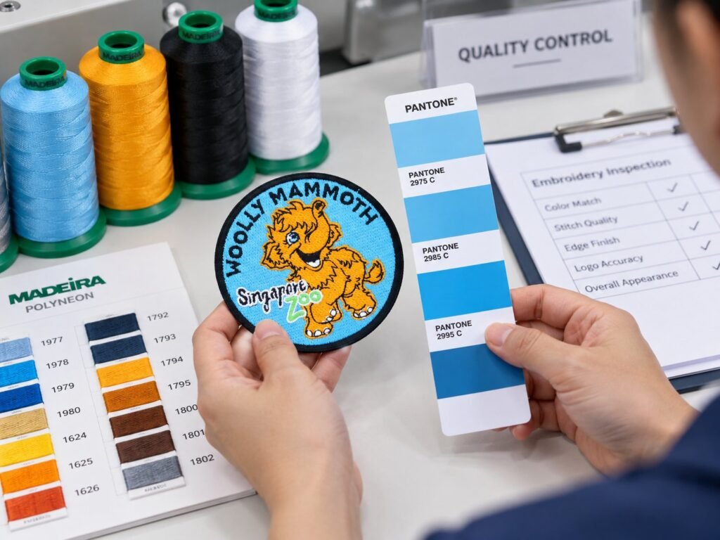 Pantone color matching of embroidery thread against customer approval swatches in the D65 lighting booth at LOVECOLOUR