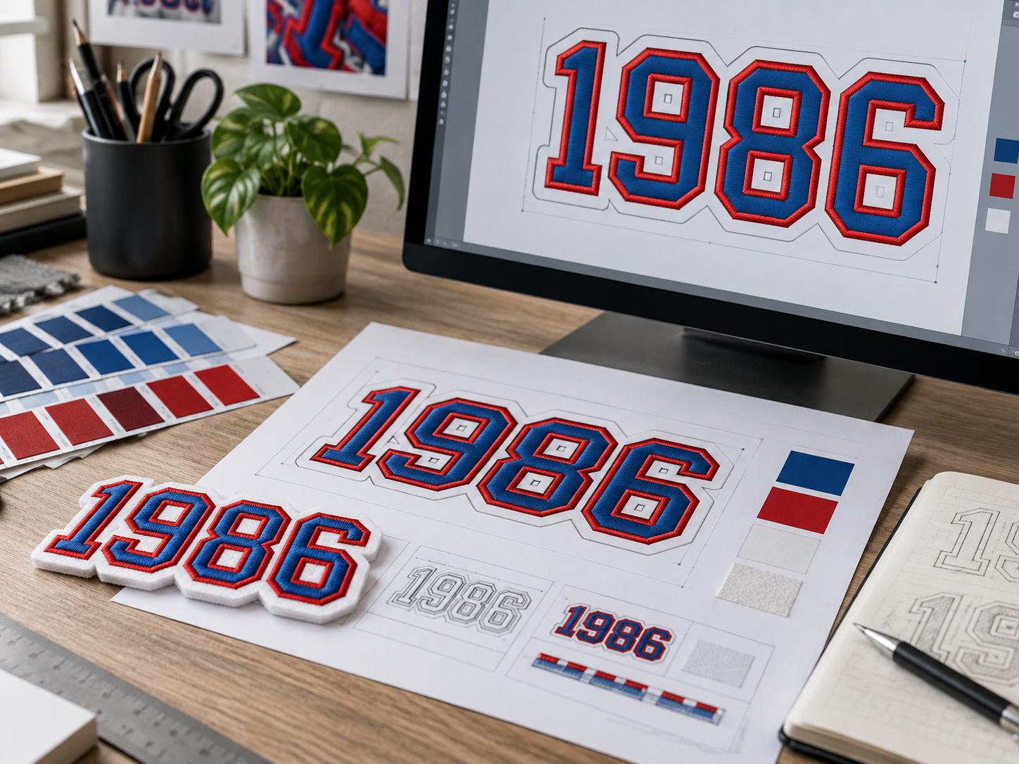 An artwork file open on screen beside the printed proof and the finished patch it was built from, on the review desk at LOVECOLOUR.