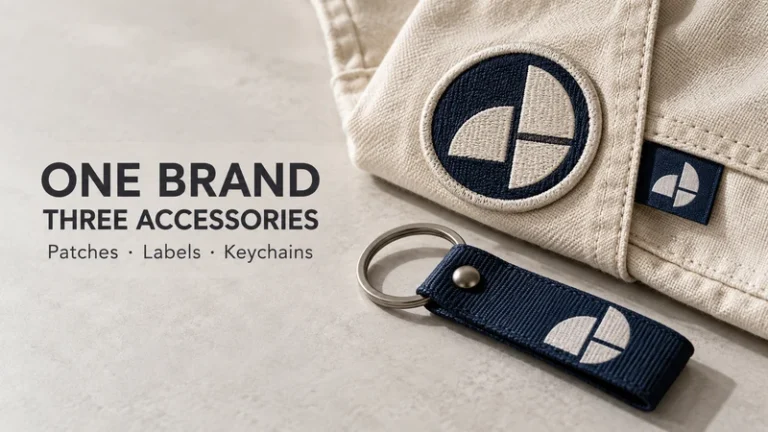 Matching navy patch garment label and fabric keychain with white geometric logo