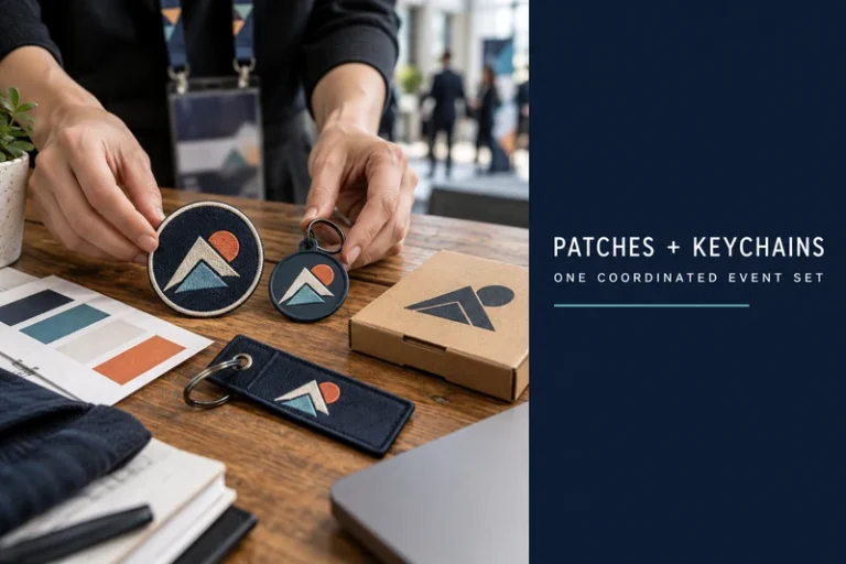Matching mountain emblem patch PVC keychain and fabric key tag on an event display table