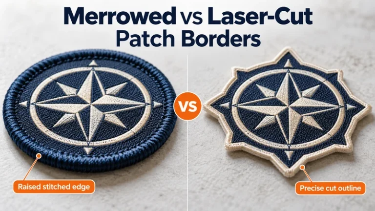 Two compass embroidered patches comparing raised stitched edge and precise cut outline