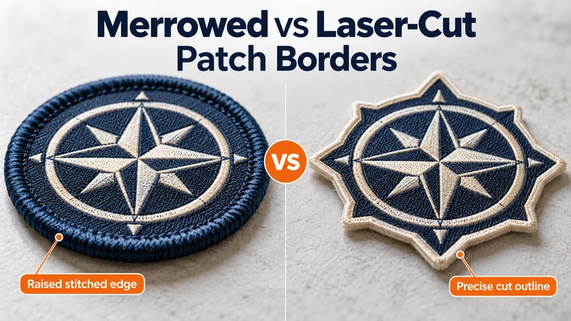 Two compass embroidered patches comparing raised stitched edge and precise cut outline