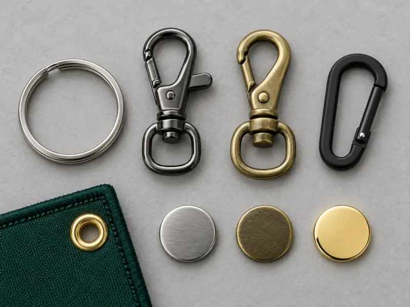 Close-up assortment of metal split rings, swivel hooks, carabiner clips, eyelets and round rivets for keychains