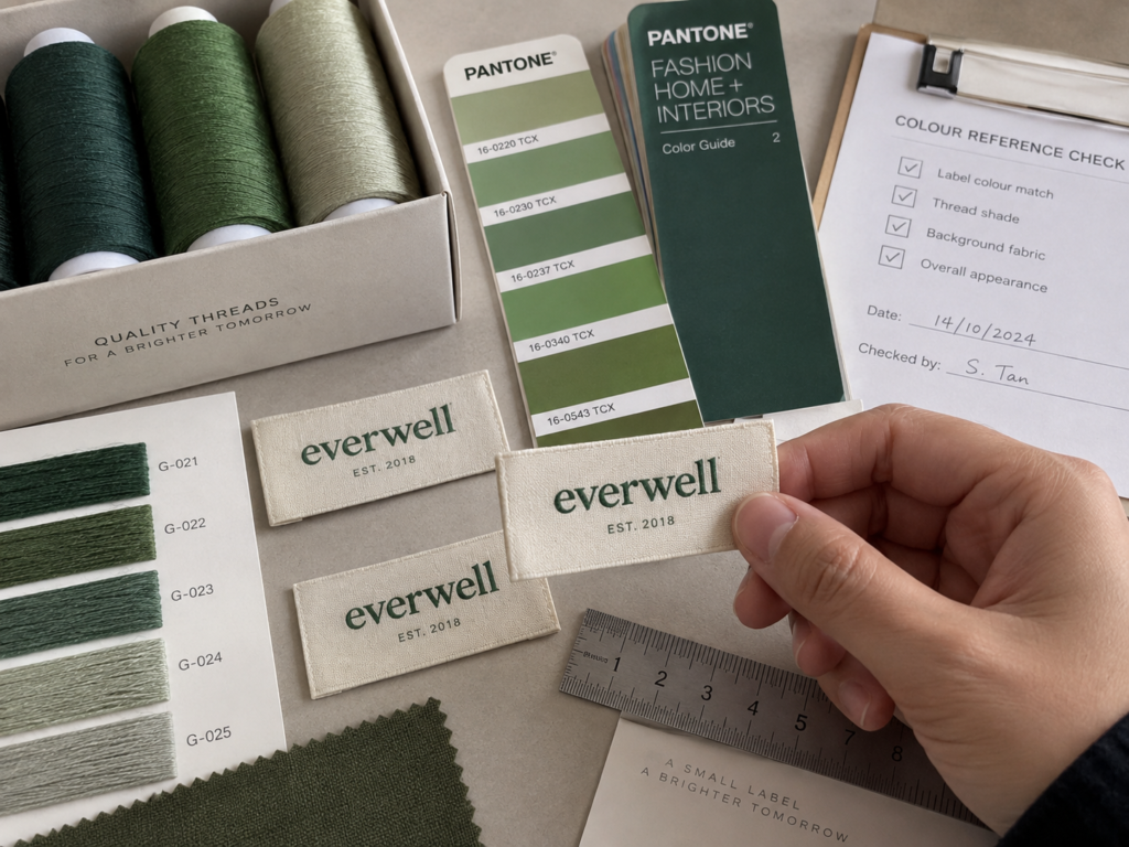 Custom woven label color inspection with green threads, Pantone references and fabric swatches