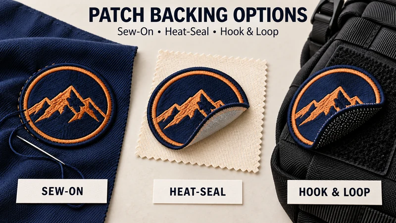 Three mountain patches showing sew on heat seal and hook and loop backing applications