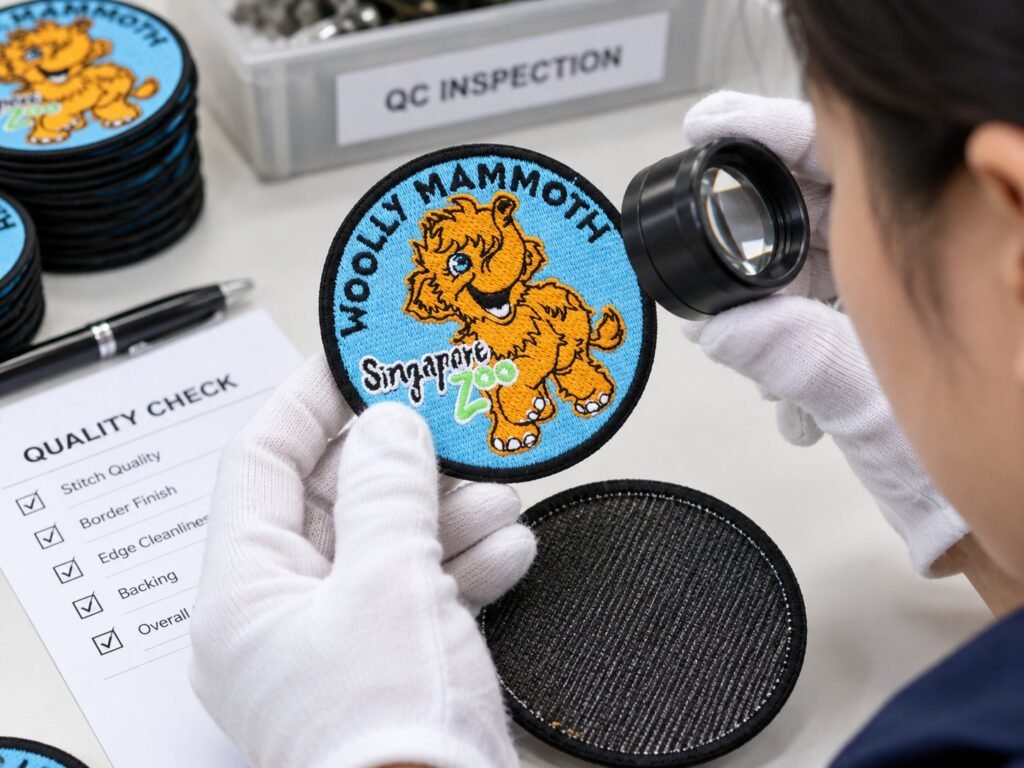 Close-up inspection of stitch density, merrowed border and backing on a finished custom embroidered patch