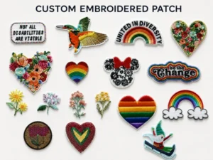 Embroidered patches featuring rainbow hearts, flowers, a bird and a unicorn
