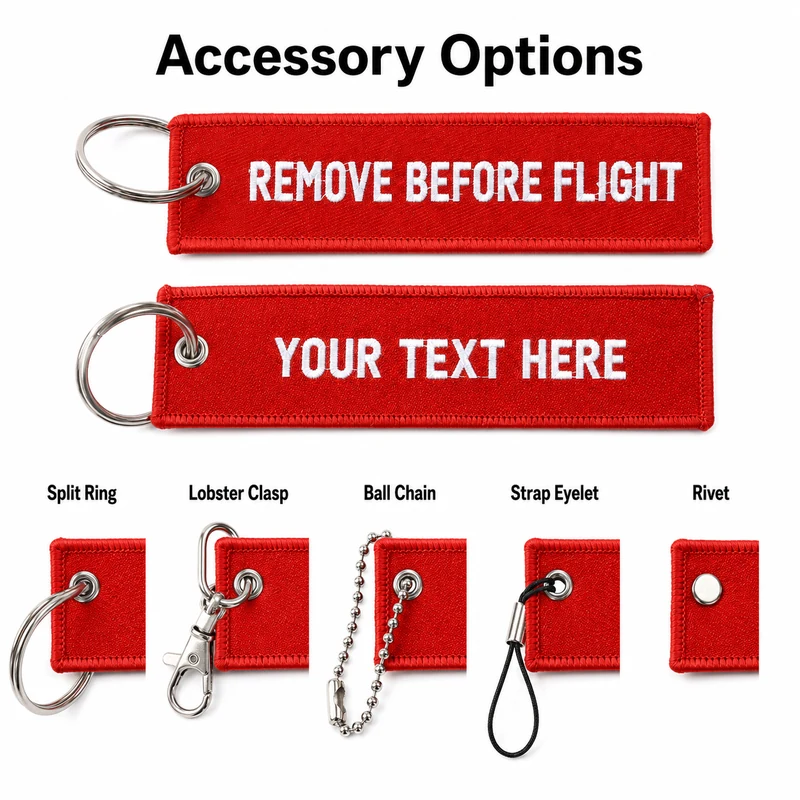 Diagram of red flight tags with split ring lobster clasp ball chain and strap eyelet