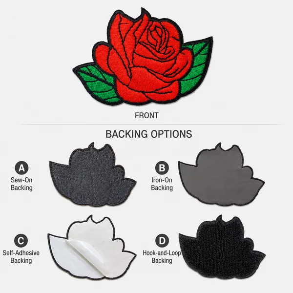 Red rose embroidered patch with four backing option silhouettes