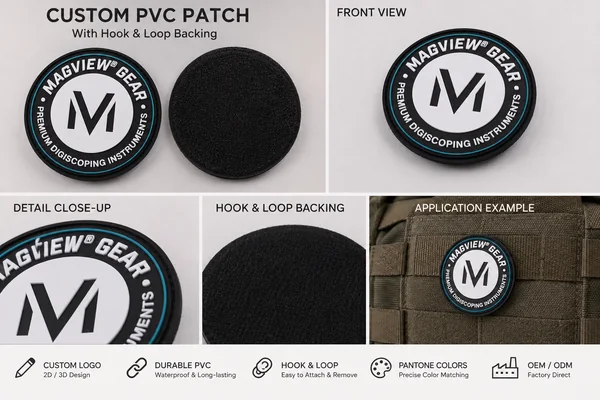 Round custom PVC logo patch shown with backing detail and garment application