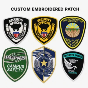 Six shield shaped embroidered security and campus safety patches