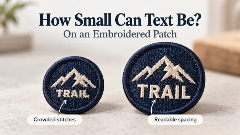 Two round Trail embroidered patches comparing crowded and spaced letters