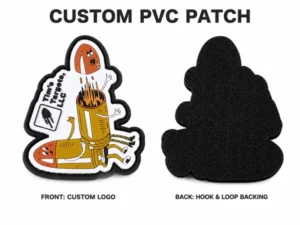 Sneaker themed PVC patch shown next to its black hook and loop reverse