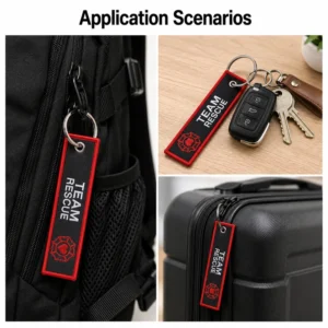 Red Team Rescue fabric keychain attached to backpack keys and suitcase