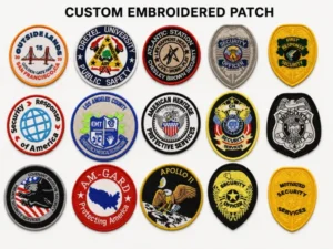 Fifteen circular embroidered uniform badges with distinct logos and colored borders