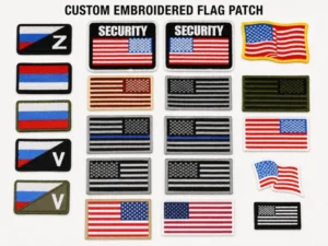 American flag embroidered patches in several colors with security designs and chevron patches