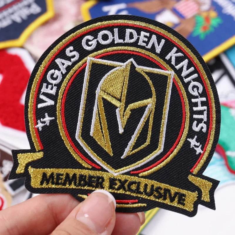 Circular Vegas Golden Knights embroidered patch with gold knight helmet motif