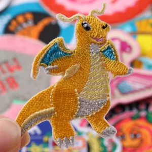 Yellow kangaroo shaped embroidered mascot patch with blue and white details