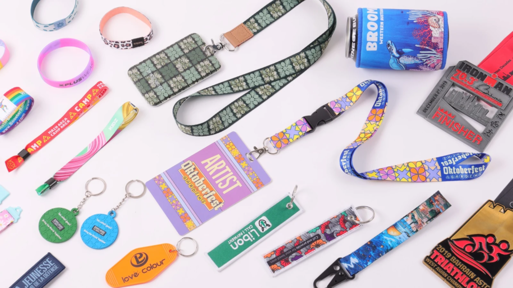 Collection of custom lanyards, wristbands, keychains, luggage tags, ID badges and promotional accessories