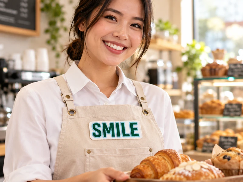 Bakery staff member holding a tray of pastries while wearing a beige apron with a green SMILE patch on a white base.