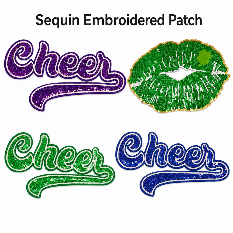 Three Cheer script sequin patches in purple, green and blue beside a green lips patch on white.