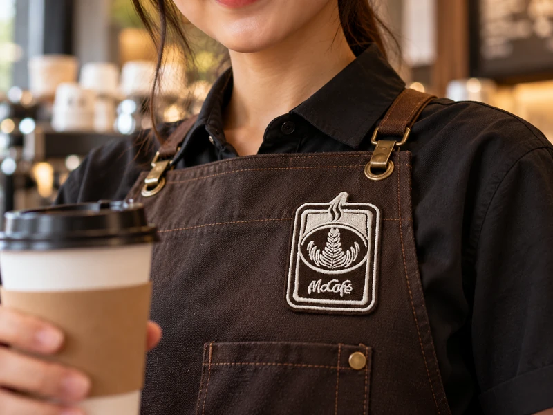 Barista holding a takeaway cup while wearing a brown apron with a white coffee-cup-shaped McCafe patch.