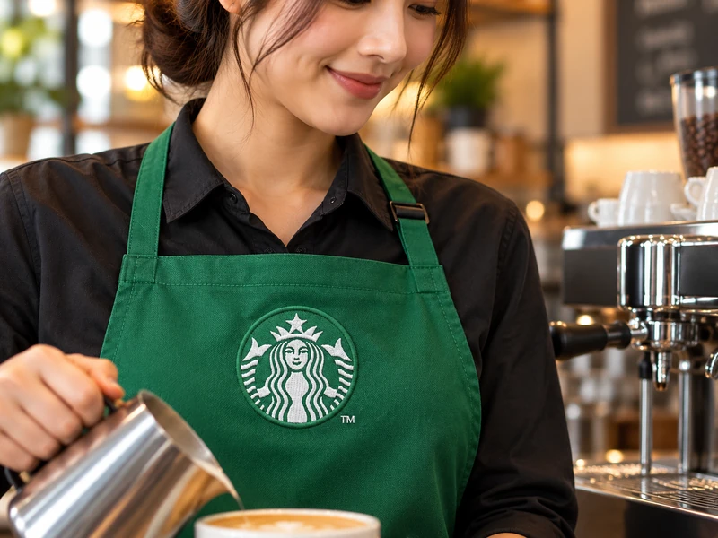 Barista pouring milk while wearing a green apron with a round white crowned mermaid logo patch beside an espresso machine.