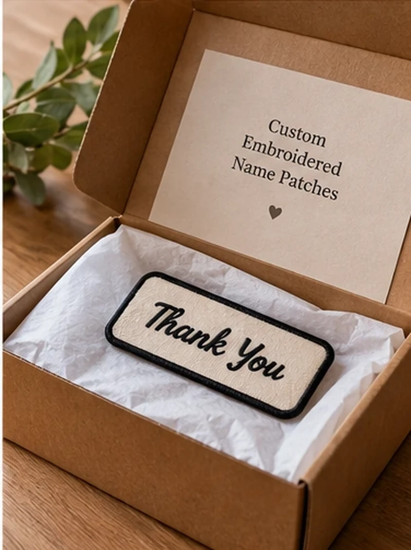 Open kraft gift box with tissue paper, a cream Thank You embroidered patch with black edging and a Custom Embroidered Name Patches card.