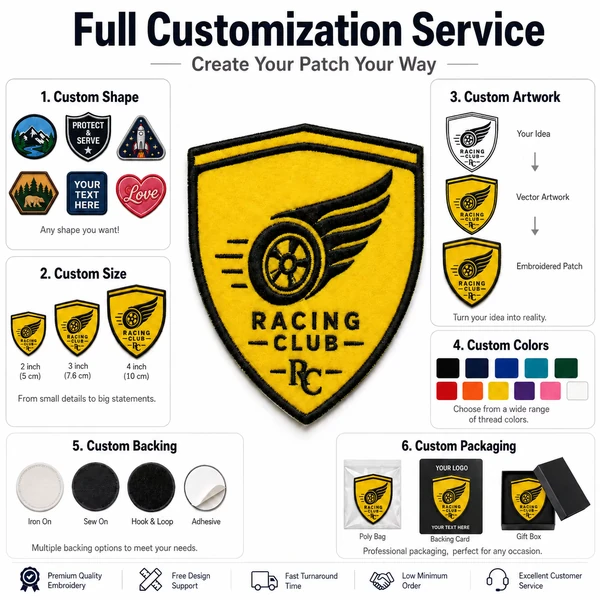 Full Customization Service chart showing a yellow Racing Club shield patch and options for shape, size, artwork, colors, backing and packaging.