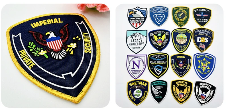 Navy IMPERIAL PRIVATE SECURITY eagle patch with yellow border beside a grid of sixteen security shield badge samples.