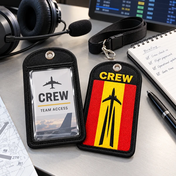 Two black crew ID holders beside a headset, notebook and flight charts, showing a clear TEAM ACCESS card pocket and red and yellow airplane embroidery.