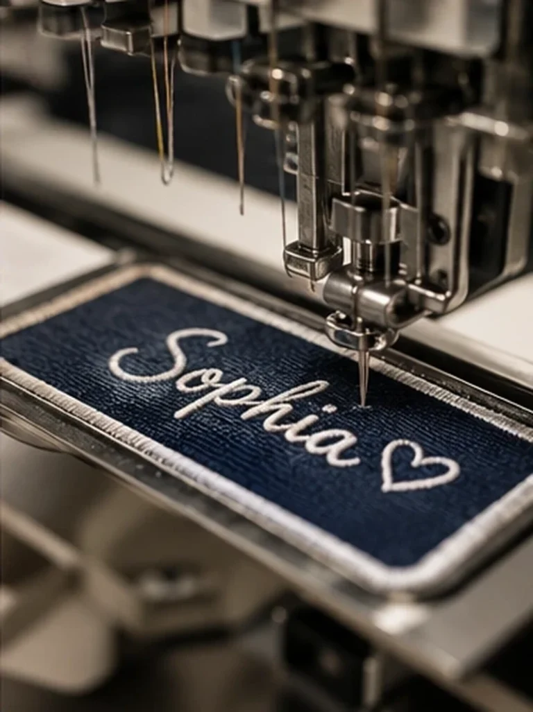 Embroidery machine needle above a navy rectangular Sophia name patch with white script lettering, heart detail and white border.
