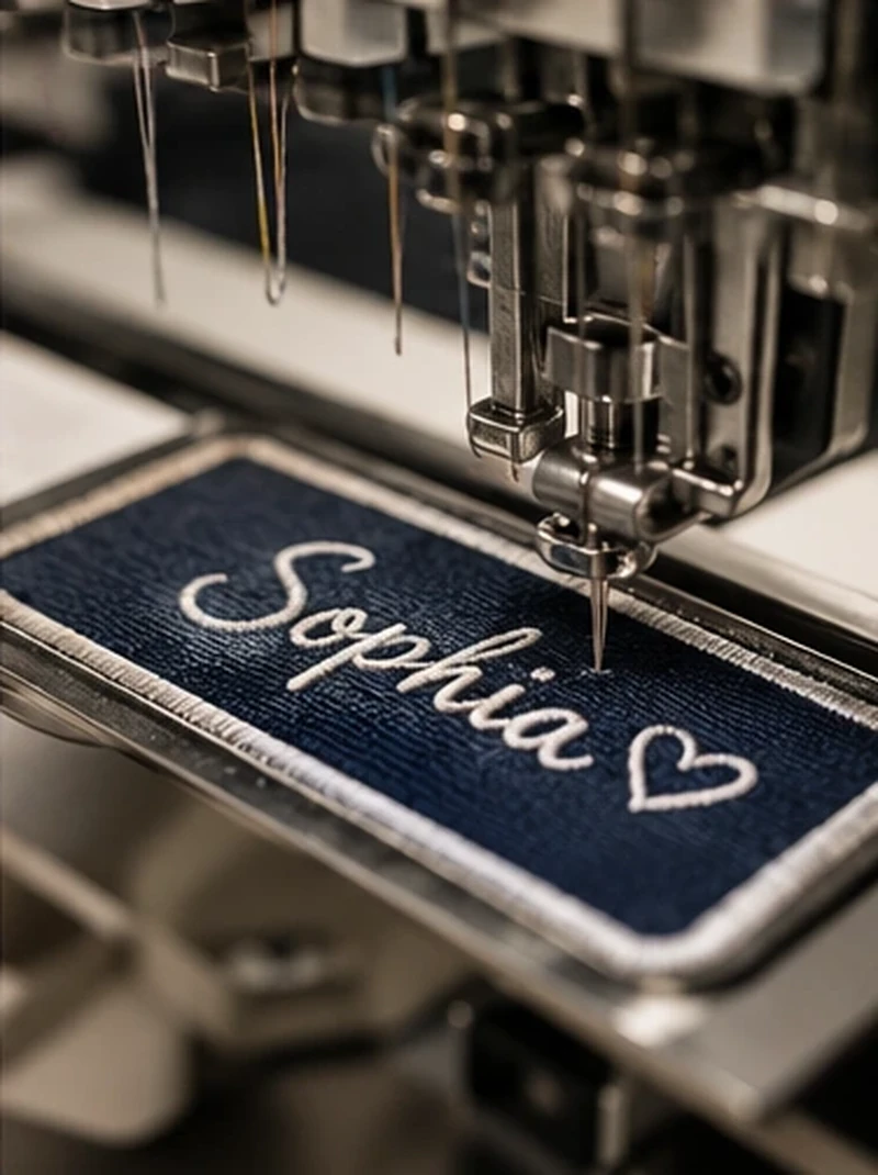 Embroidery machine needle above a navy rectangular Sophia name patch with white script lettering, heart detail and white border.