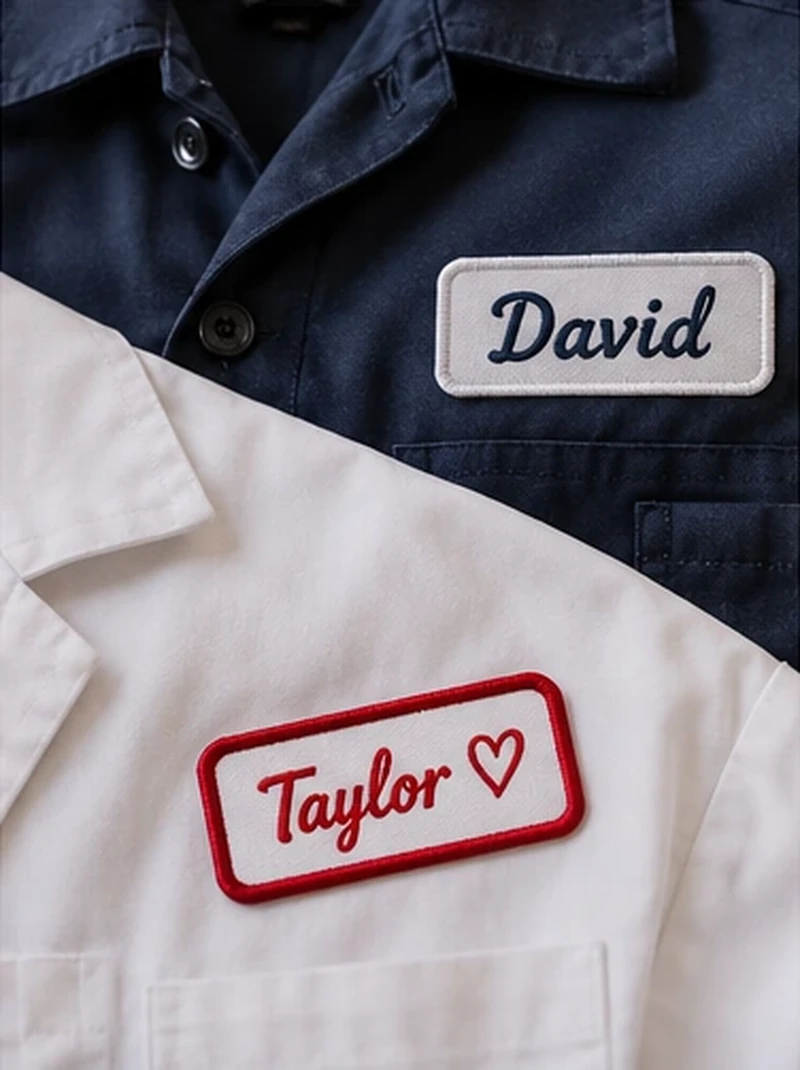 Navy shirt with a light David name patch and white shirt with a red-bordered Taylor heart name patch.