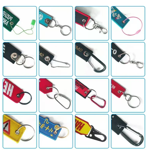 Grid of fabric keychain samples showing split rings, swivel clips, chains, cord loops and carabiner-style attachments.
