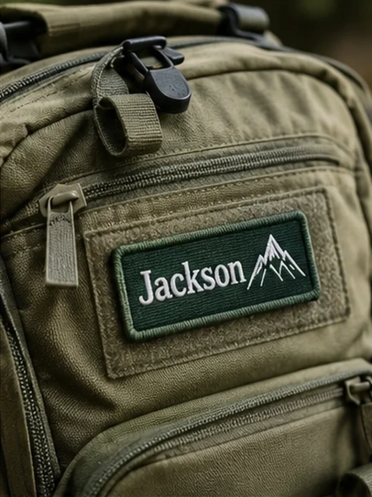 Dark green Jackson name patch with white lettering and a mountain motif on the front panel of an olive backpack.