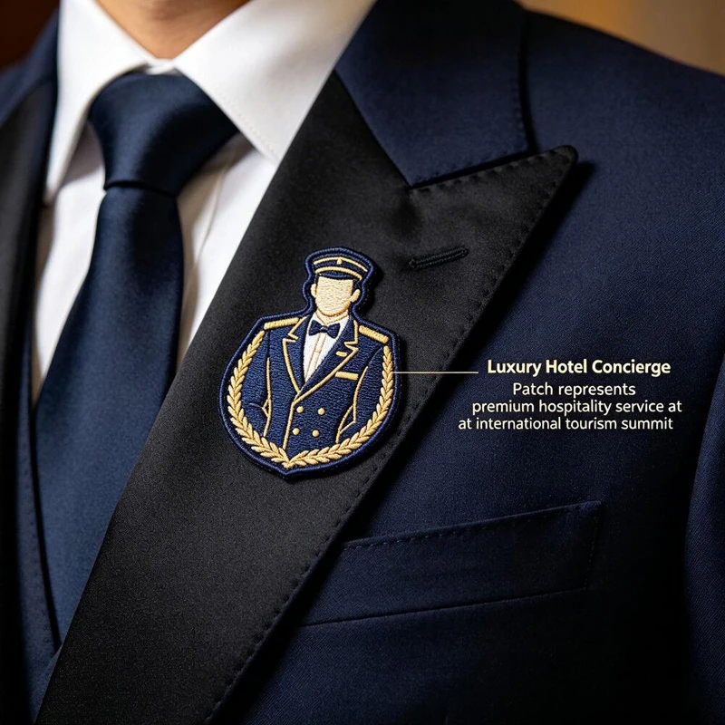 Navy and gold concierge figure patch on a dark suit lapel beside a Luxury Hotel Concierge annotation.