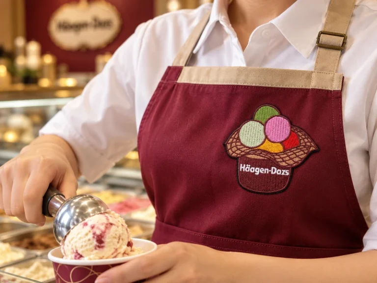 Staff member scooping ice cream while wearing a burgundy apron with a colorful ice cream basket patch and Haagen-Dazs lettering.