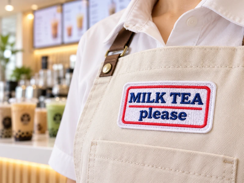 Rectangular MILK TEA please patch with navy lettering and red and white borders on a beige apron in a tea shop.