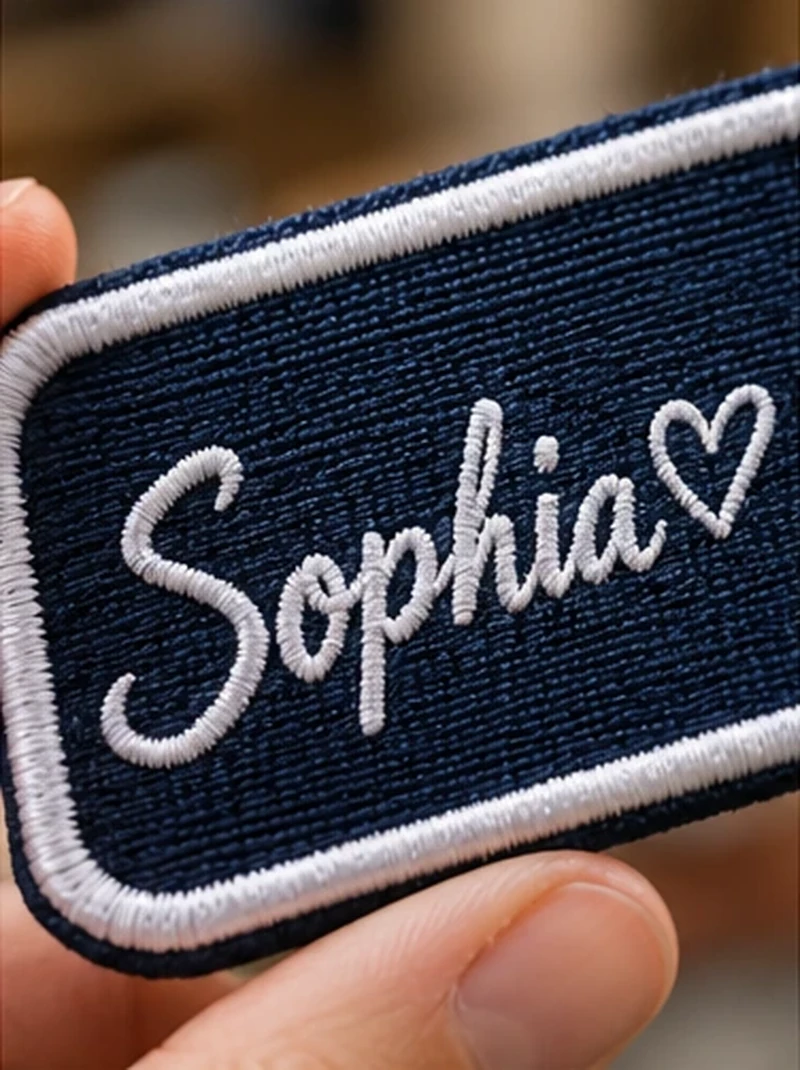 Handheld close-up of white Sophia script and heart embroidery on a navy fabric patch with a white stitched border.