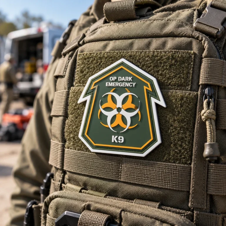 Raised green white and yellow OP DARK EMERGENCY K9 patch with a biohazard-style motif on an olive backpack loop panel.