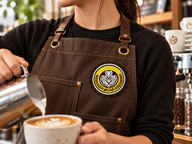 Barista pouring milk into coffee while wearing a brown apron with a round yellow white and brown latte-art logo patch.