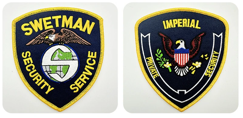 Two navy shield patches with yellow borders, showing SWETMAN SECURITY SERVICE and IMPERIAL PRIVATE SECURITY lettering and eagle motifs.