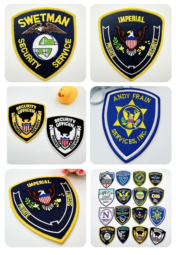 Collage of embroidered security shield patches with eagle motifs, text and yellow or white borders, including a larger assortment panel.