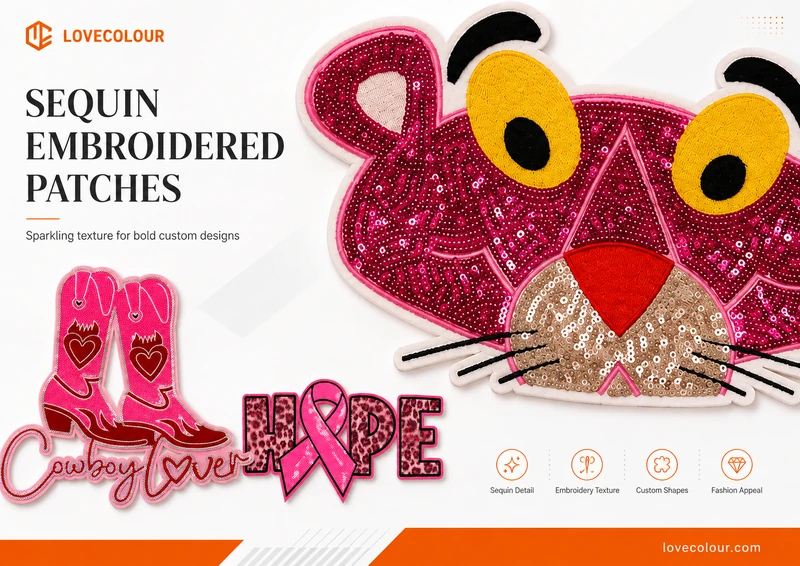 LOVECOLOUR sequin patch poster showing a large pink cartoon feline face, pink cowboy boots and a HOPE ribbon design on a white and orange layout.