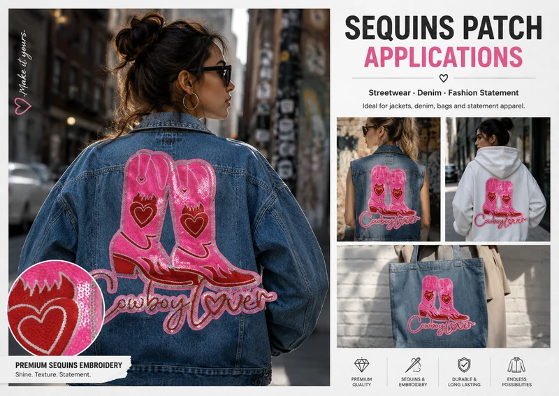 Sequin patch application poster with a pink cowboy boot design on the back of a denim jacket and smaller jacket, hoodie and bag views.