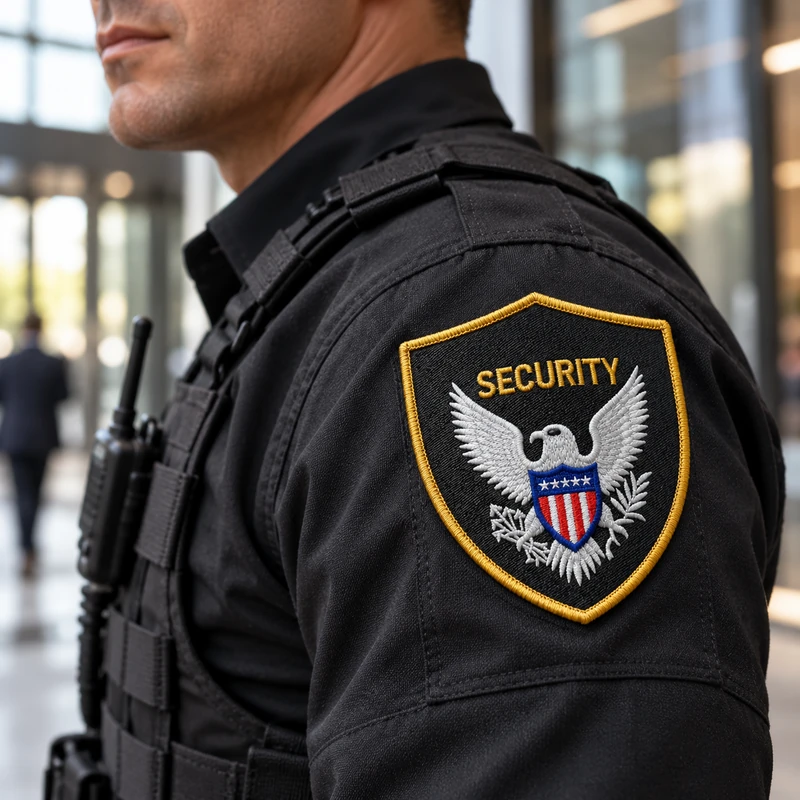 Black shield-shaped SECURITY patch with a white eagle, red white and blue shield motif and yellow border on a black workwear sleeve.